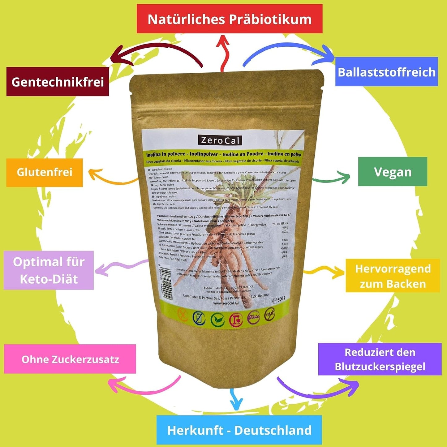 Zerocal - Inulinpulver från cikoria-Wurzel 500 G | Inulin Mit Hohem Ballaststoffgehalt | 100 % vegansk och glutenfri | Herkunft Deutschland Sweeteners Naty Shop