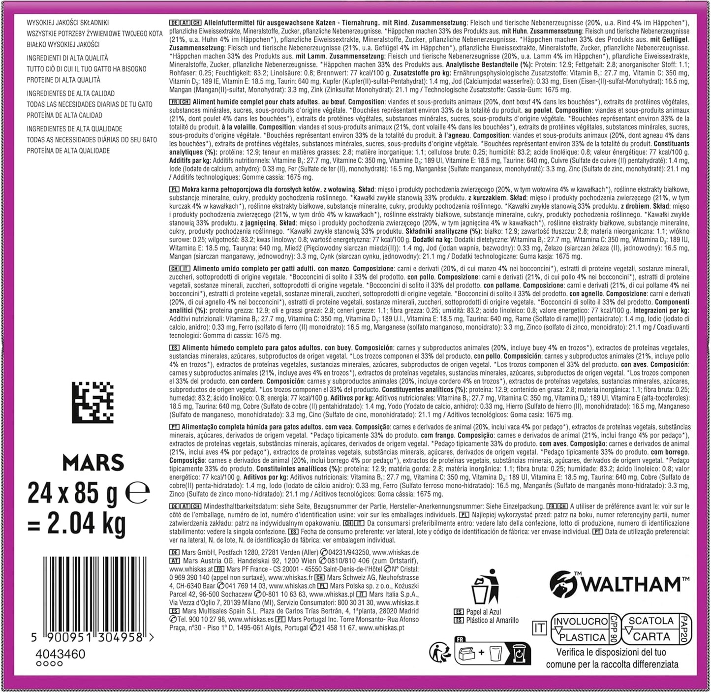 WHISKAS PURE DELIGHT Våtfoder i gelé 24 x 85g Classic Ragout (4 förpackningar) 48 portionspåsar