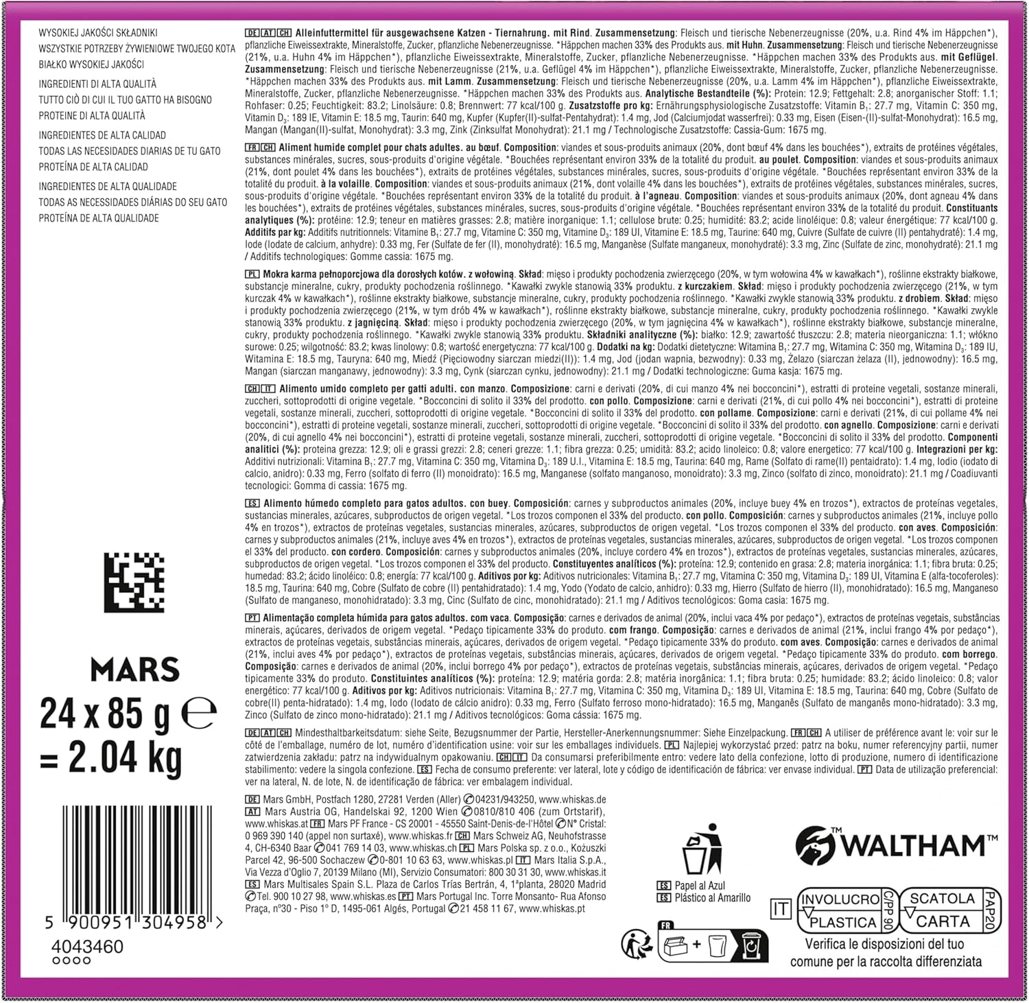 WHISKAS PURE DELIGHT Våtfoder i gelé 24 x 85g Classic Ragout (4 förpackningar) 48 portionspåsar