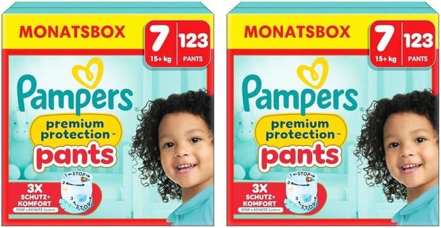 Pampers Premium Protection Pants Storlek 7, 123 Blöjor, 15 kg+, med 360° justering och mjuka anti-läcka muddar för optimal komfort och skydd