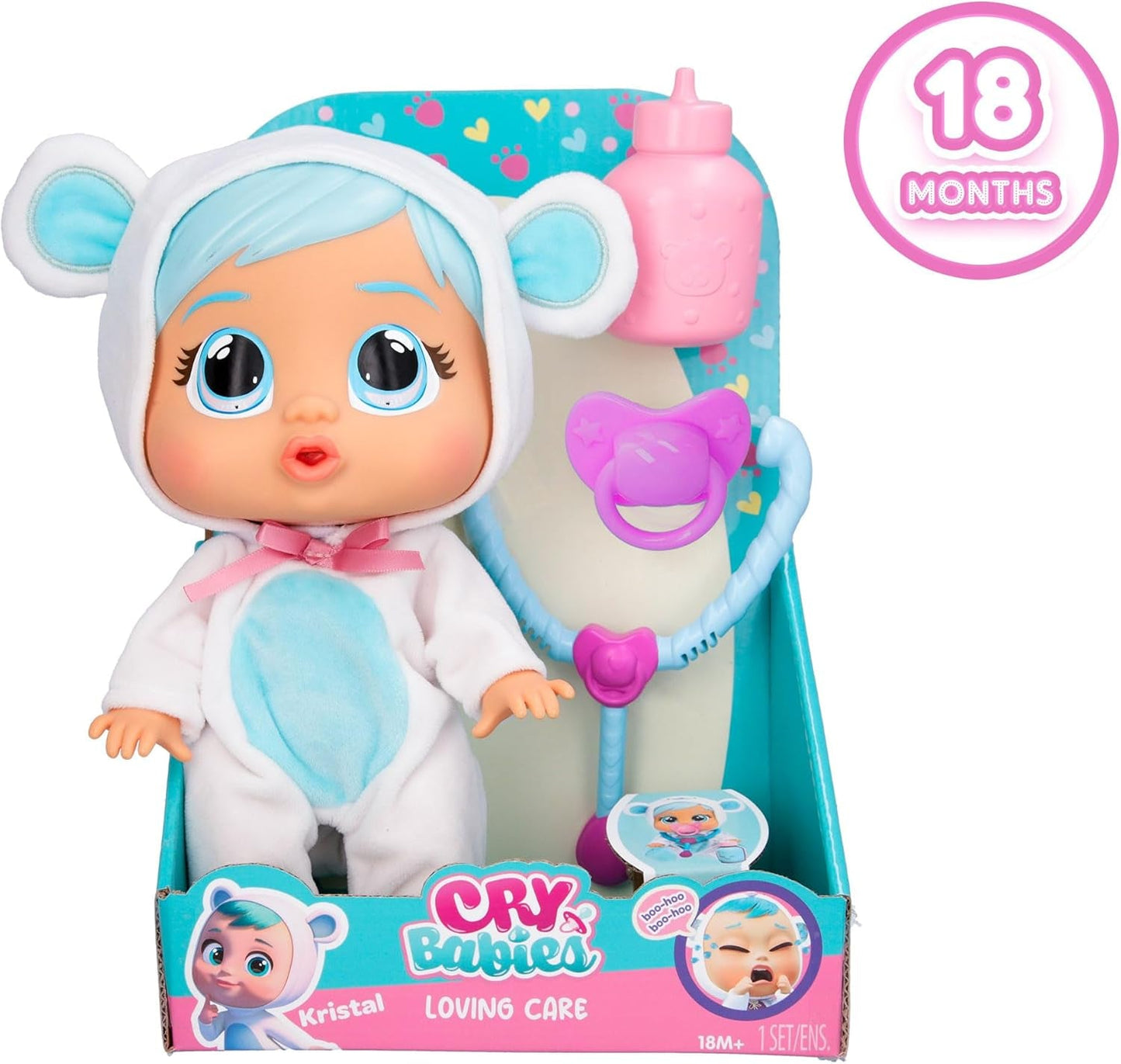 Cry Babies Loving Care Kristal Doll, Kristal Loving Care Baby Doll med 3 tillbehör för Doctor Play, Nursing Care, Crying with Real Tears, Toy for 18 Months Baby
