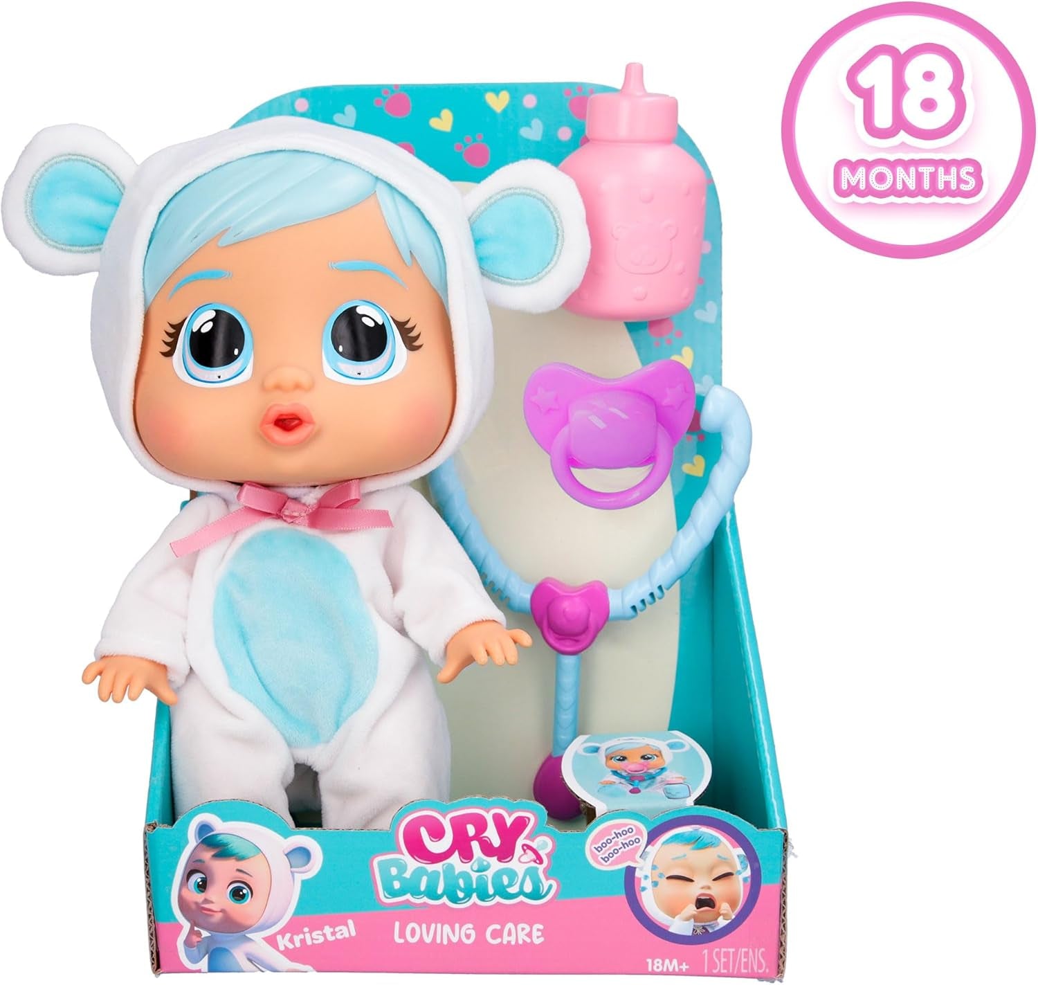 Cry Babies Loving Care Kristal Doll, Kristal Loving Care Baby Doll med 3 tillbehör för Doctor Play, Nursing Care, Crying with Real Tears, Toy for 18 Months Baby