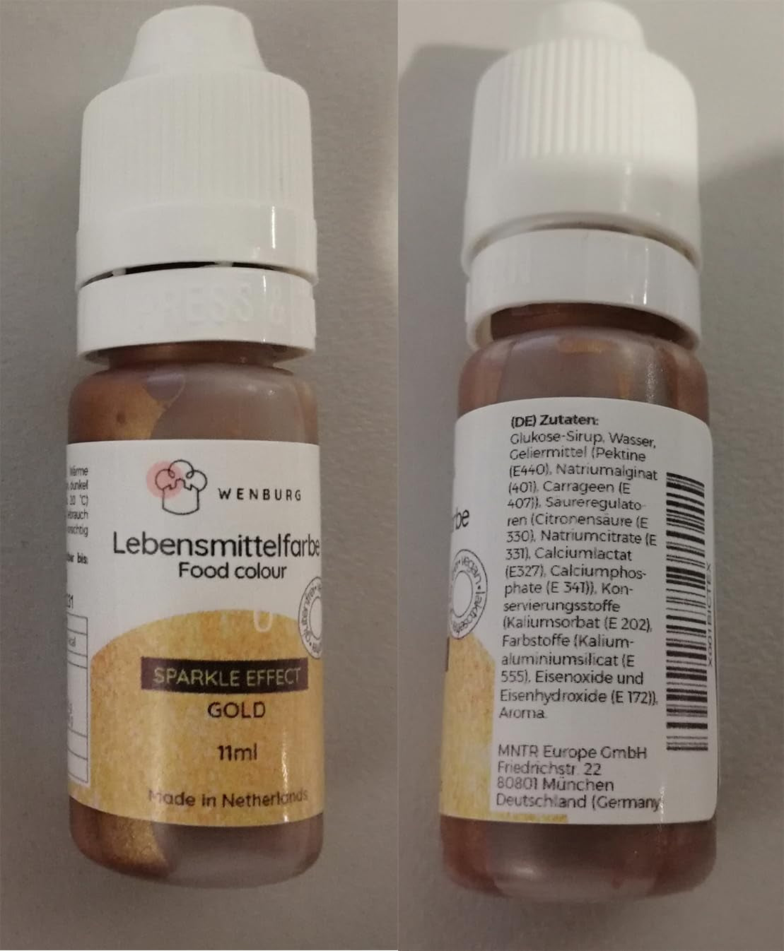 Wenburg matfärg, glitter, 11 ml, koncentrerad, tillverkad i EU, flytande. För färgning av deg, drycker, smaker, slime - guldglitter matfärgning - guld kakfärgning - guldglitter