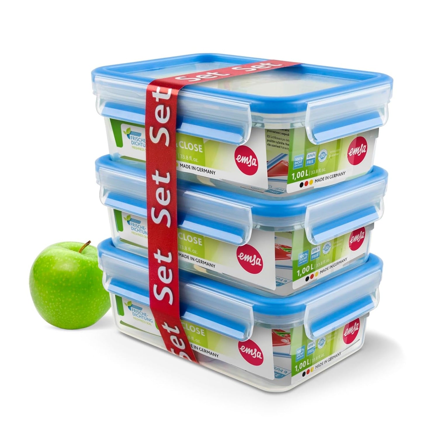 Emsa 508558 Clip & Close matförvaringsbehållare | 3 delar set | 3 x 1 liter | -40 till +100 grader | plast | 100% förseglad | specialförsegling för färskhet Matförvaringslådor Naty Shop Standardtitel