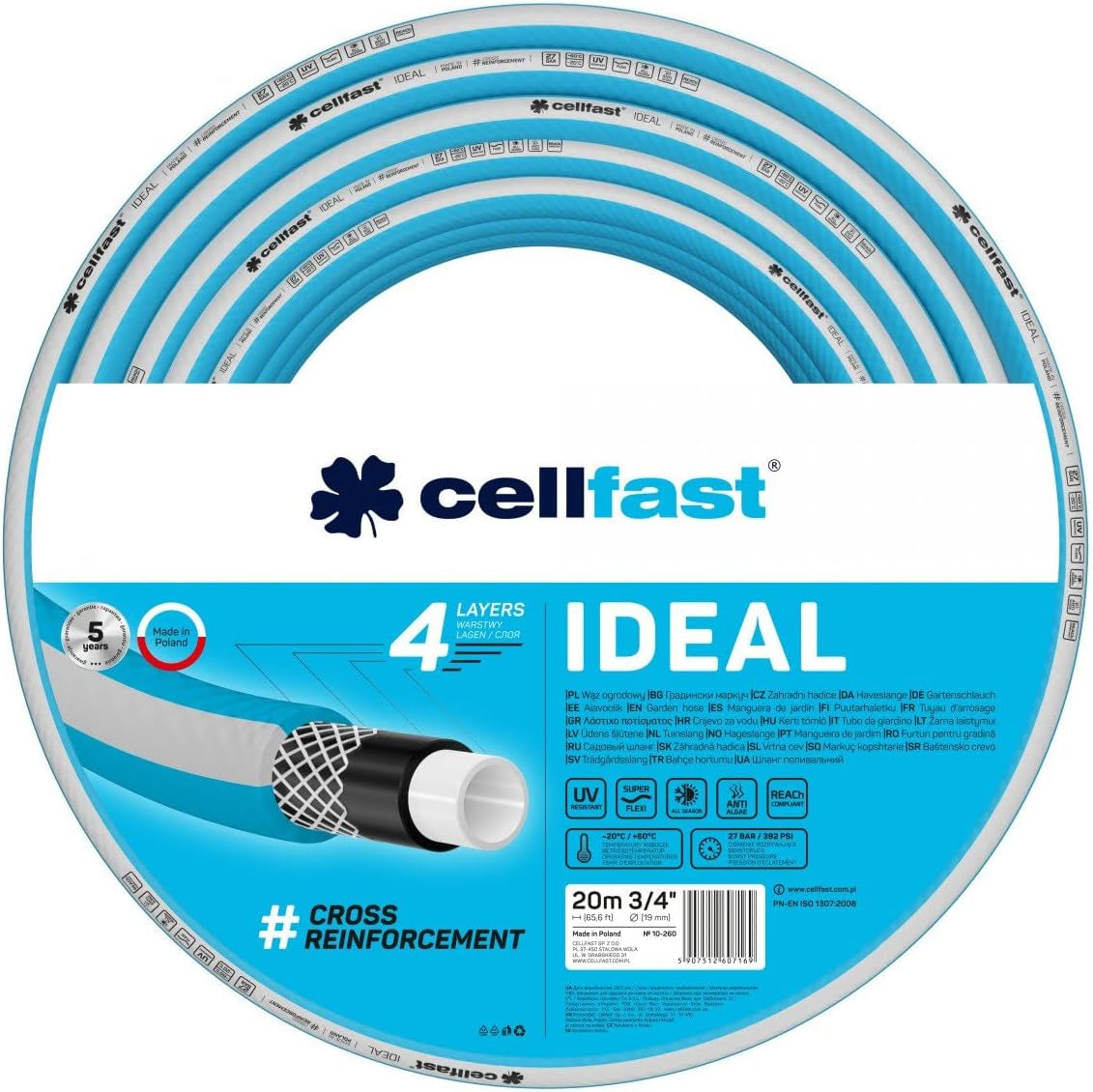 Trädgårdsslang Cellfast IDEAL, Slitstark, Flexibel, 4 lager, Slitstark korsfläta, UV- och algbeständig, REACH-teknik, 27 bar, -20/+60° kortsiktig 3/4", 20m