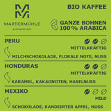 Martermühle ekologiska kaffebönprovset 3x250g lätt/medelstark I Arabica I Hela ekologiska kaffebönor lätt rostade, låg syra (68/74/426)