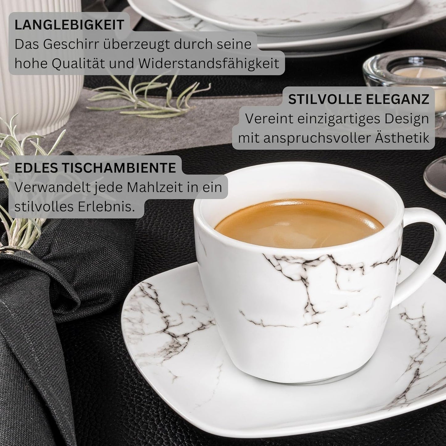 SANGER | Bilgola Marble Combination Servis Set 36-delat Servis Set för 6 med middagstallrikar, desserttallrikar, sumatallrikar, spannmålsskålar, kaffetallrikar och porslinsfat, fyrkantiga | PREMIUM KOLLEKTIONEN
