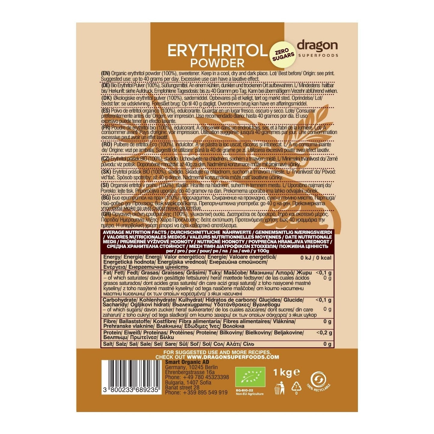 Bio Erythrit - Pulver, 100 % Bio, Vegan, Null Kalorien-1 kg sötningsmedel Naty Shop