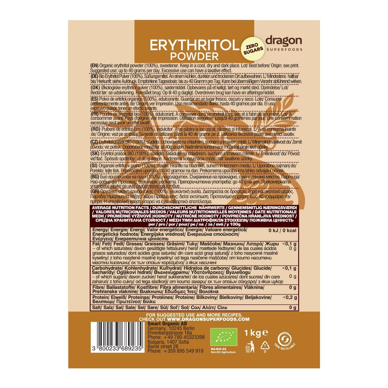 Bio Erythrit - Pulver, 100 % Bio, Vegan, Null Kalorien-1 kg sötningsmedel Naty Shop
