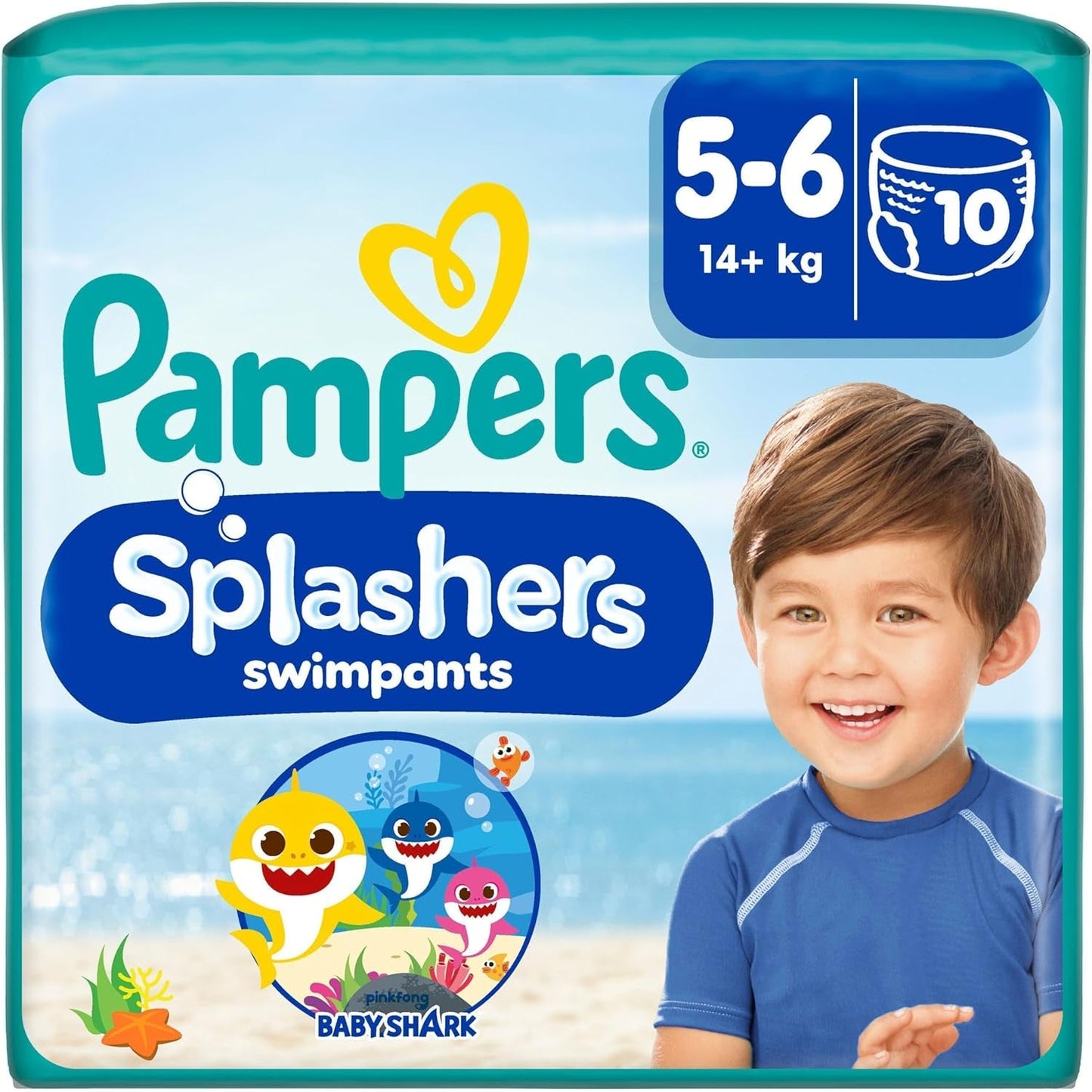 Pampers storlek 5-6 Splashers Baby Shark Limited Edition 10-pack engångsbadblöjor för säkert vattenskydd