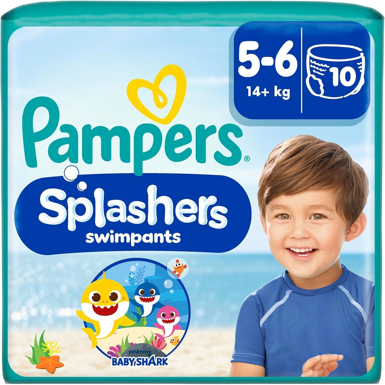 Pampers storlek 5-6 Splashers Baby Shark Limited Edition 10-pack engångsbadblöjor för säkert vattenskydd