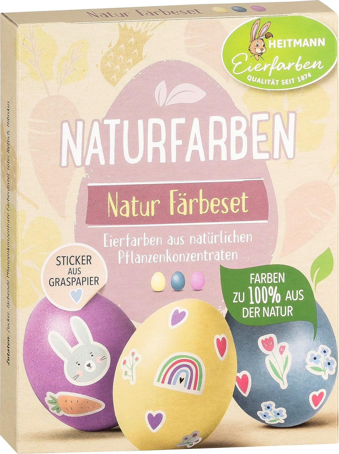 Heitmann Egg Dye Natural Dye Set, 3 Egg Dye Pulver (gult, lila, gråblått), Gräspapper klistermärke