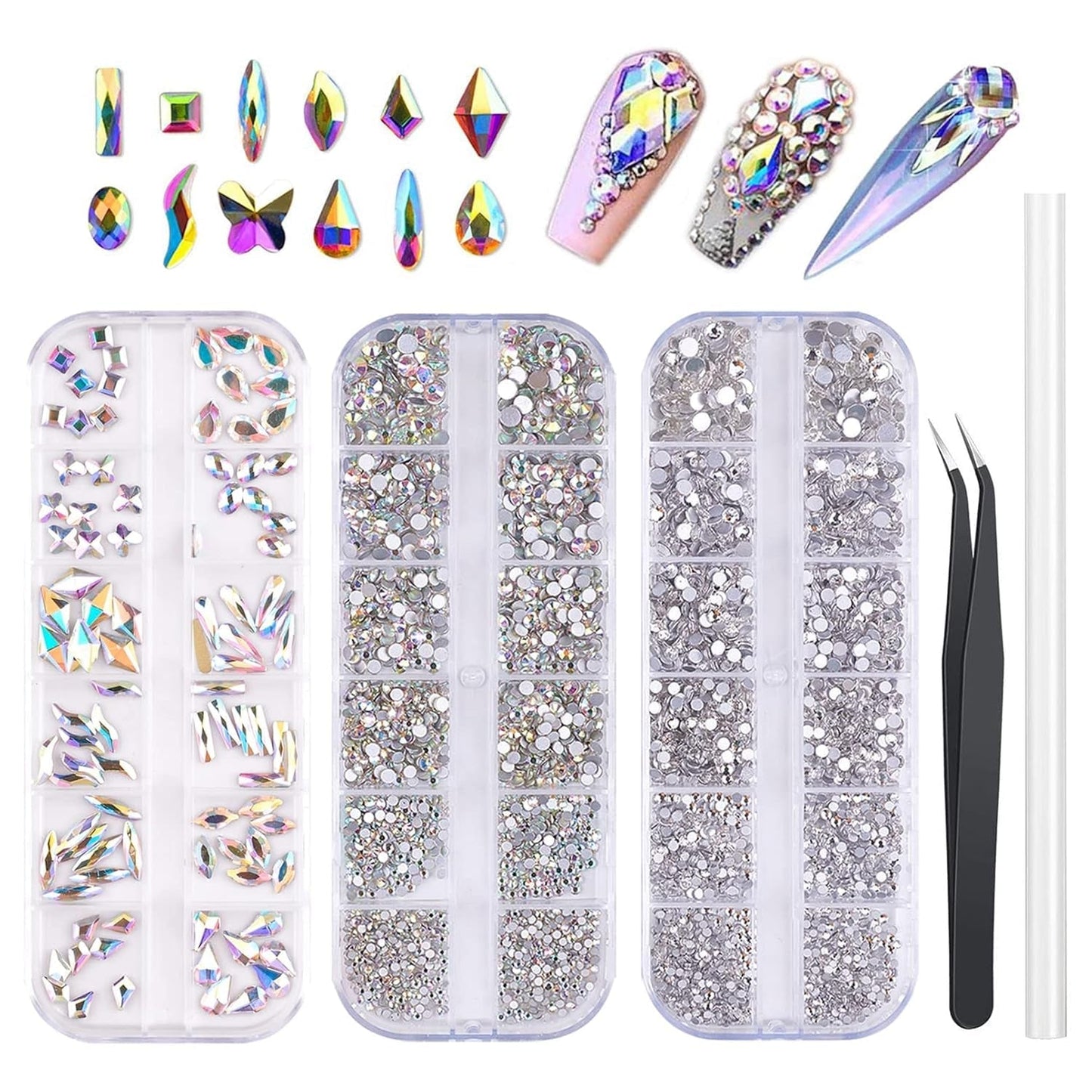 3200 Nail Stones Set FITDON Multi-Shaped Glass AB Stones and Clear Diamond Glitter AB Stones for Nail Art Dekoration DIY Kits Smycken Nyckelringar Nageltillbehör