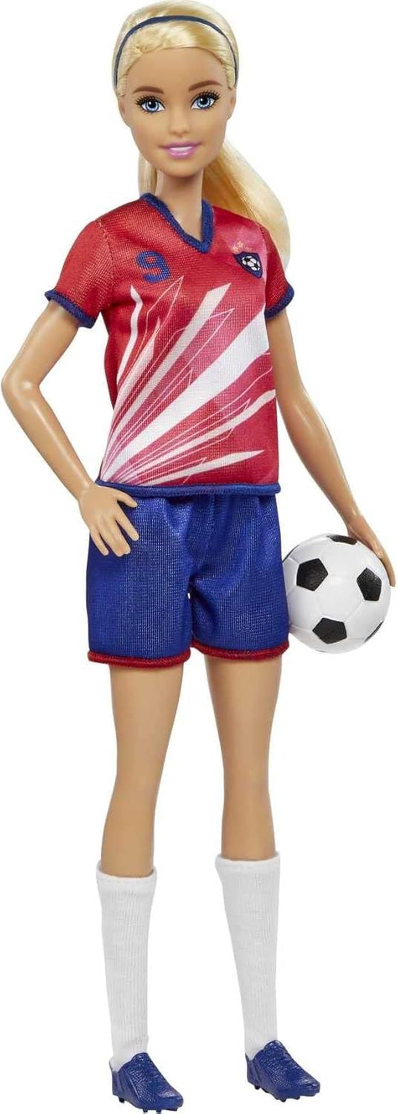 Barbie You Can Be Anything-serien, fotbollsspelare, fotbollsspelare med blondt hår, röd och blå tröja, boll, tillbehör, docka ingår, present från 3 år och uppåt, HCN17