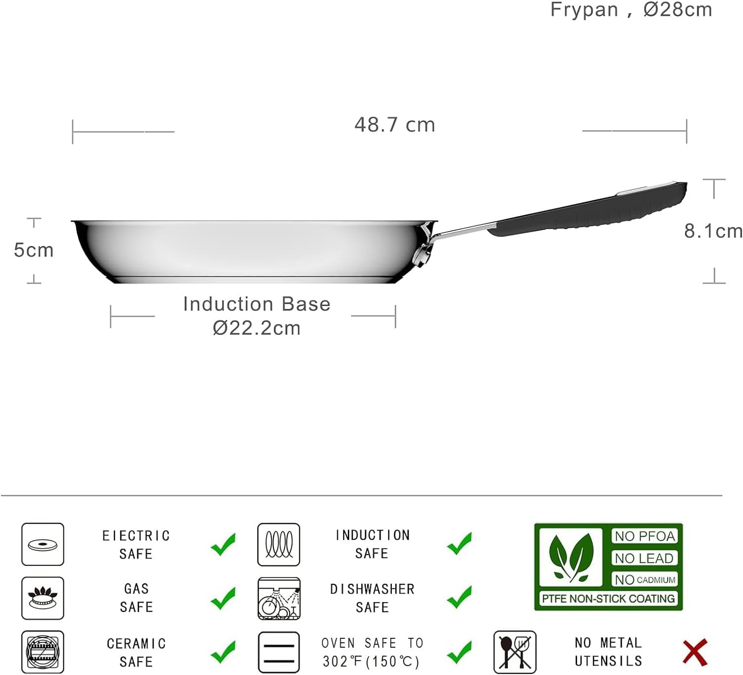 Pannan i rostfritt stål med non-stick beläggning - lämplig för induktion, med bekvämt handtag - 28 Cm grytor och stekpannor Naty Shop