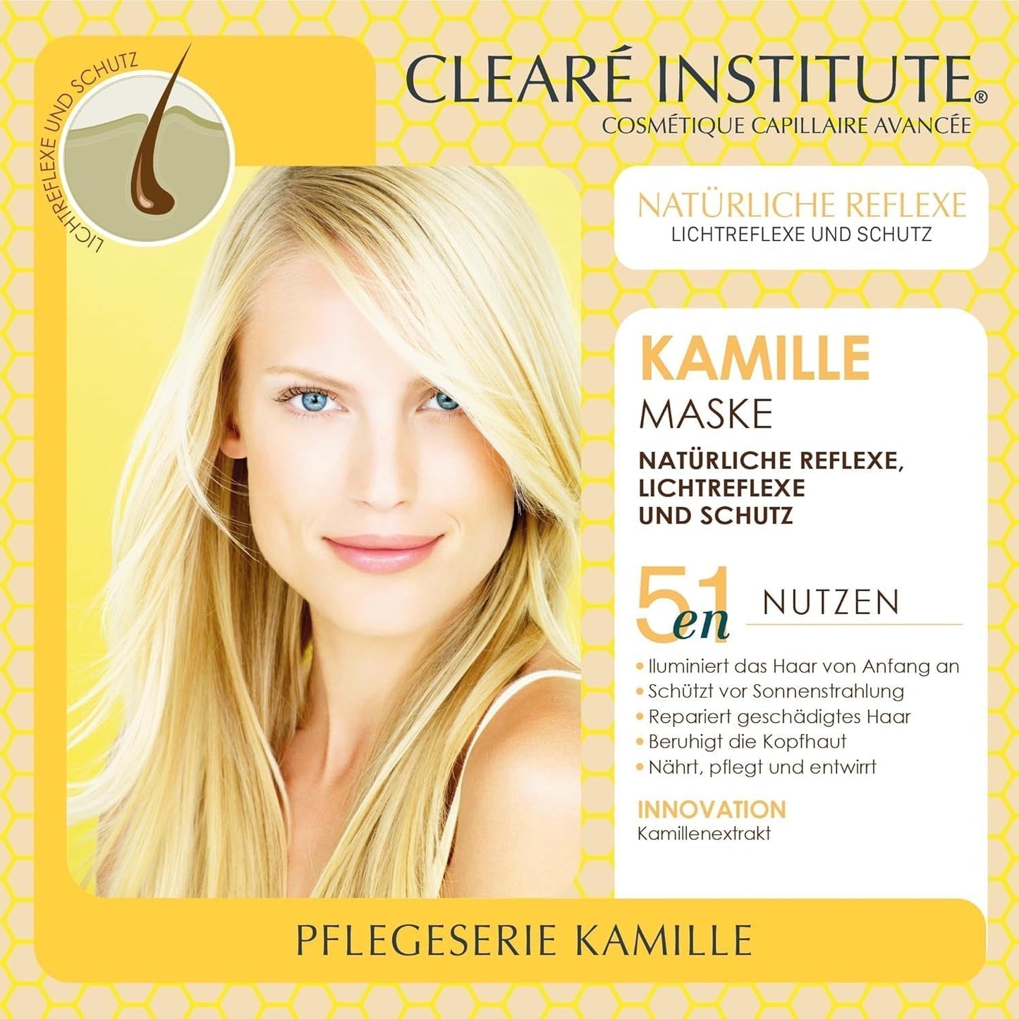 Clearé Institute | Kamomillmask | Ger näring, tillstånd och reder ut | Golden Shine and Shine | 97% naturliga ingredienser | Lugnar hårbotten Med kamomillextrakt |150 ml Naty Shop hårmask