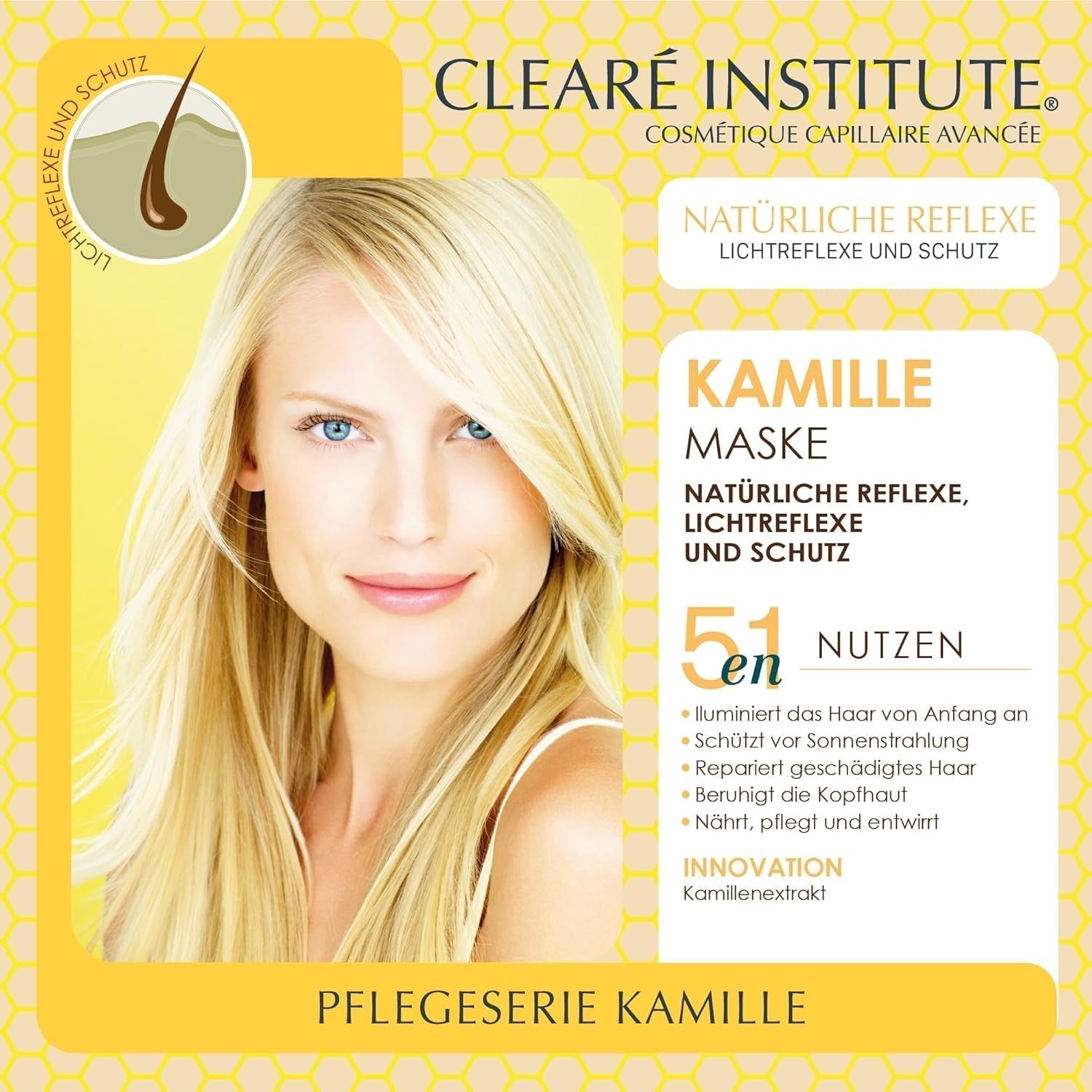 Clearé Institute | Kamomillmask | Ger näring, tillstånd och reder ut | Golden Shine and Shine | 97% naturliga ingredienser | Lugnar hårbotten Med kamomillextrakt |150 ml Naty Shop hårmask