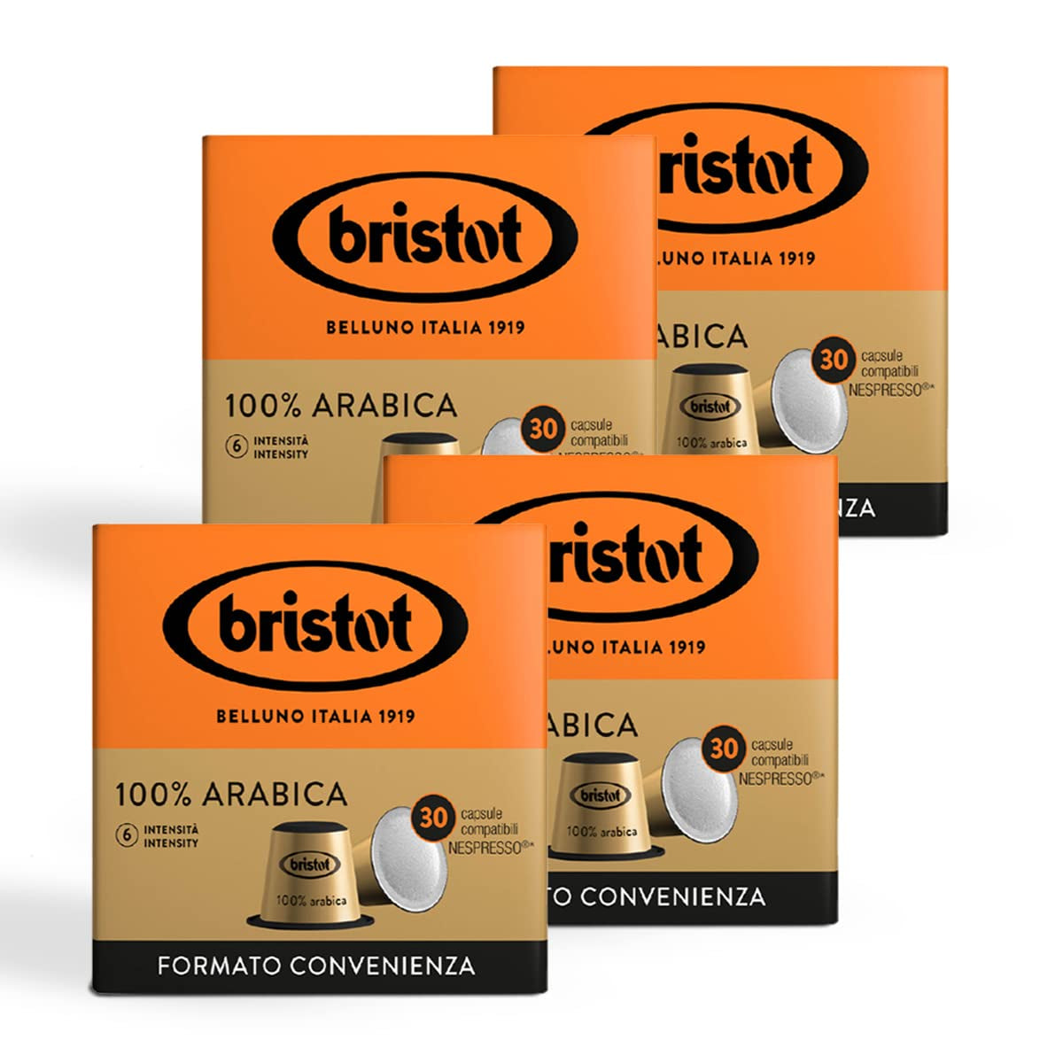 Bristot, 100 % Arabica-kaffe – 120 kapslar kompatibla med Nespresso – Kaffeemischung aus Mittelamerika och Brasilien, Schokolade och Trockenfrüchtenoten – 4 förpackningar per 30 kapslar