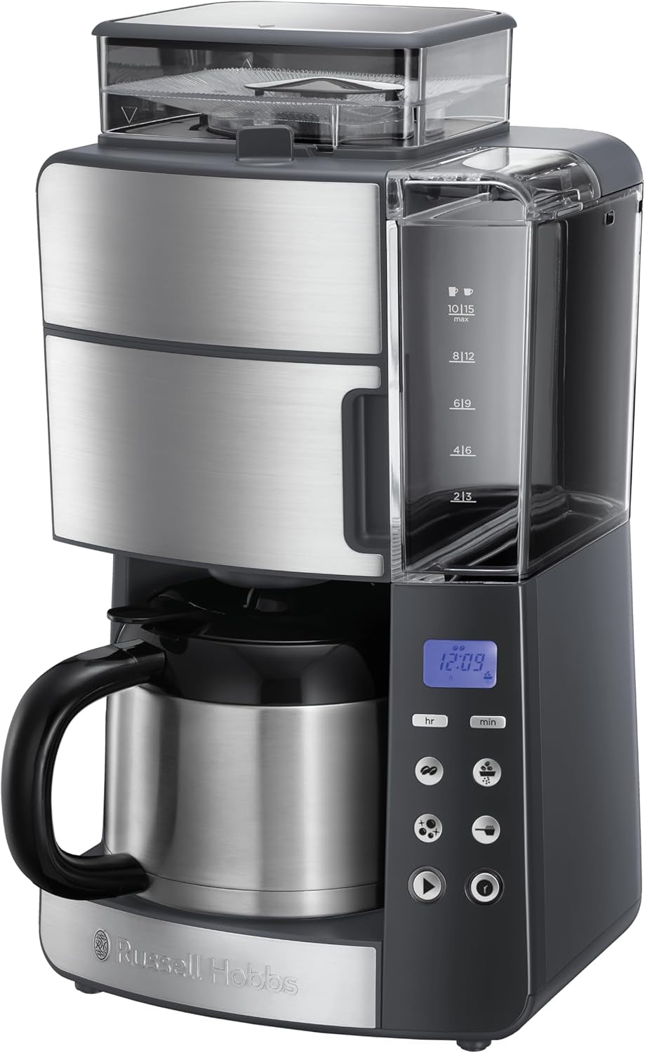Russell Hobbs kaffebryggare med kvarn och termisk karaff [Digital timer, duschhuvud för optimal extraktion och arom] Grind&Brew (1-10 koppar, 3 malningsinställningar) Filterkaffebryggare 25620-56