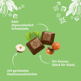 Schogetten Premium alpin mjölkchoklad med hasselnötter, 100 g chokladkaka, individuellt portionerad. En fröjd. Bit för bit.