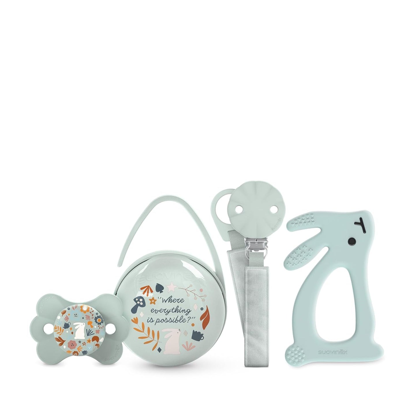 Suavinex presentset för nyfödda. 4-delat set inklusive: Physiological SX Pro napp för bebisar 0-6 månader + napphållare + Duo nappskydd + silikon tandring. Underlandet, beige