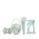 Suavinex presentset för nyfödda. 4-delat set inklusive: Physiological SX Pro napp för bebisar 0-6 månader + napphållare + Duo nappskydd + silikon tandring. Underlandet, beige