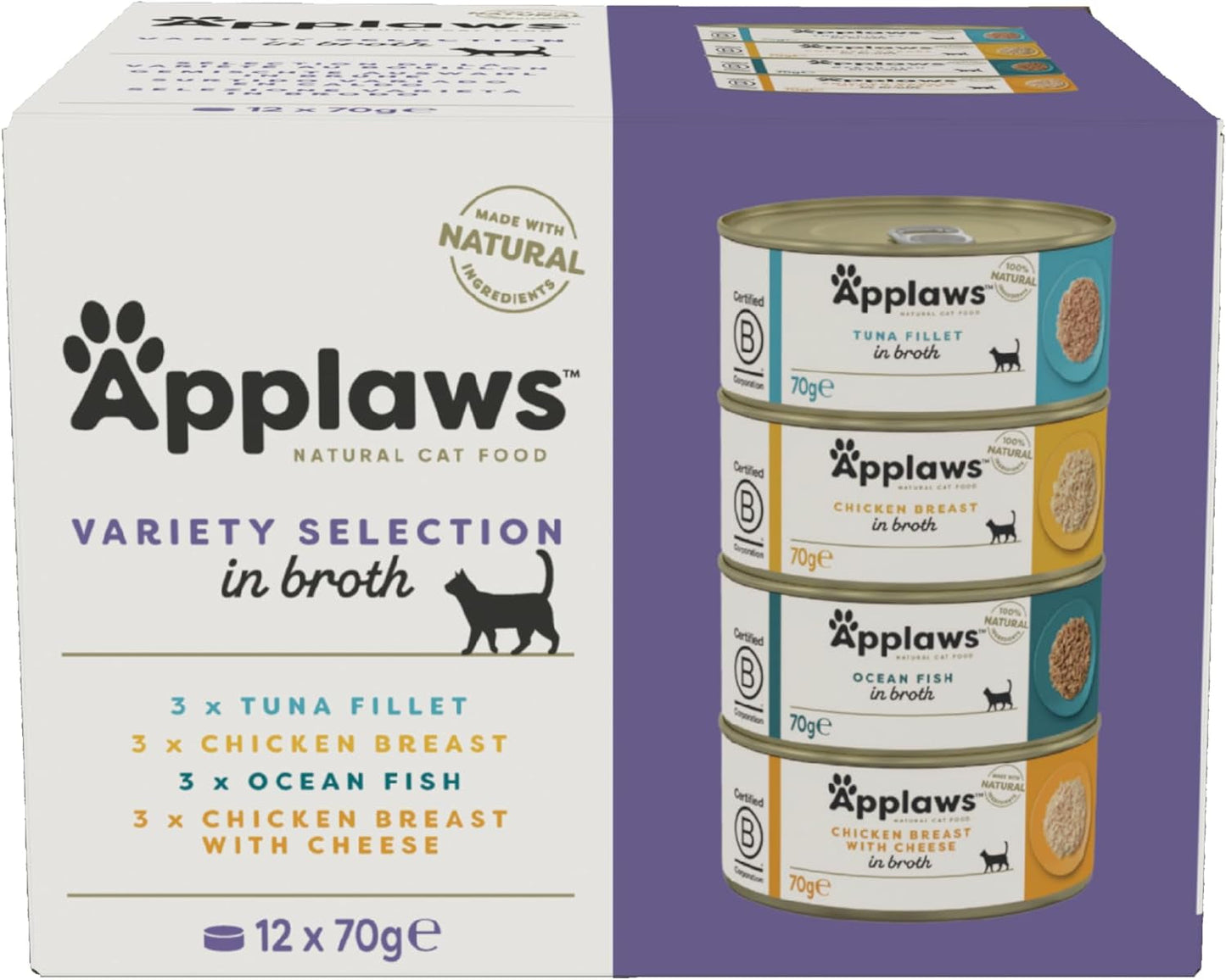 Applaws 100 % naturligt premium våtfoder för vuxna katter i buljong - tonfisk, kyckling, skaldjur, blandat urval i buljong - förpackning med 12 burkar x 70 g