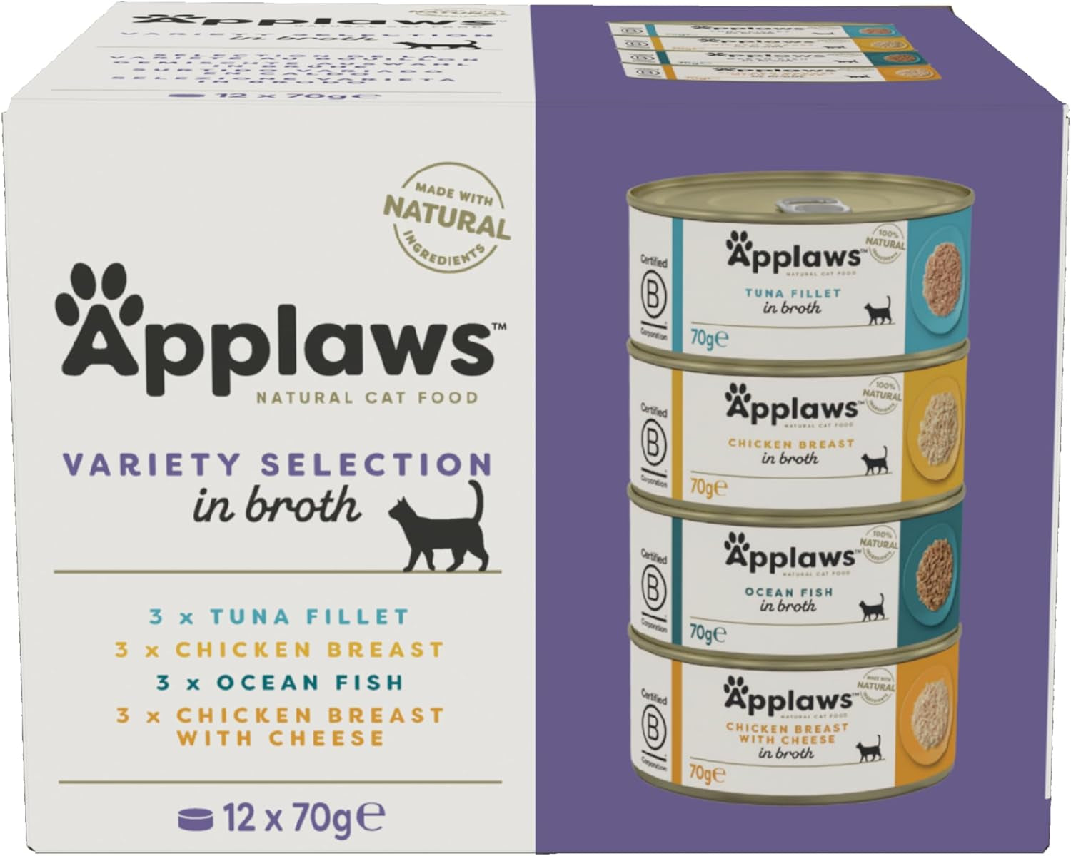 Applaws 100 % naturligt premium våtfoder för vuxna katter i buljong - tonfisk, kyckling, skaldjur, blandat urval i buljong - förpackning med 12 burkar x 70 g