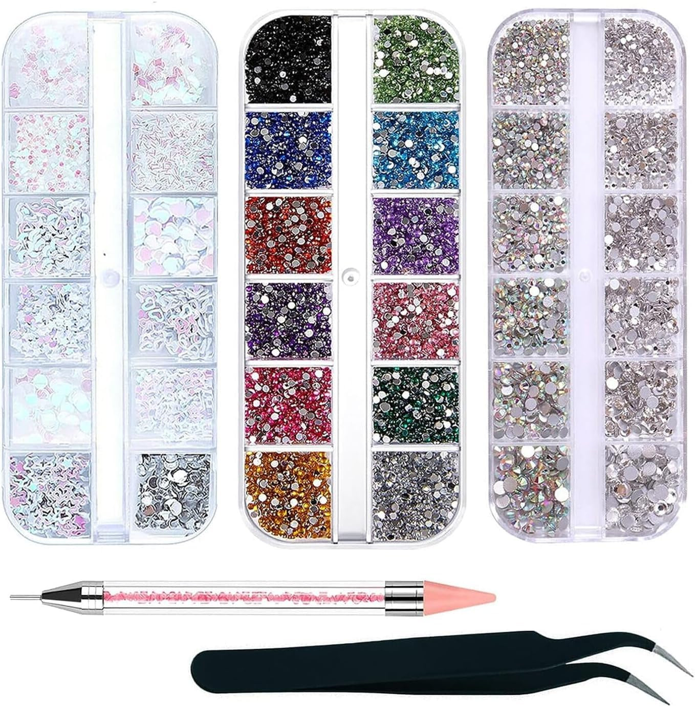 4200 bitar Nail Art Strass, 36 färger Glitterstenar, Nageldekorationer Stenar för Nail Art Accessoarer och Strass Klarkristall med Strassurvalspincett och poängpenna