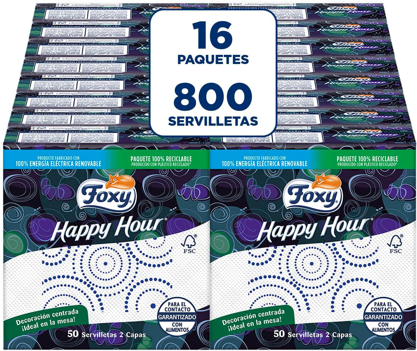 Happy Hour | Dubbellagersservetter | 16 paket À 50 st À 33 X 33 Cm | FSC-certifierad | 100 % förnybar el | Återvinningsbara förpackningar tillverkade av återvunnen plast