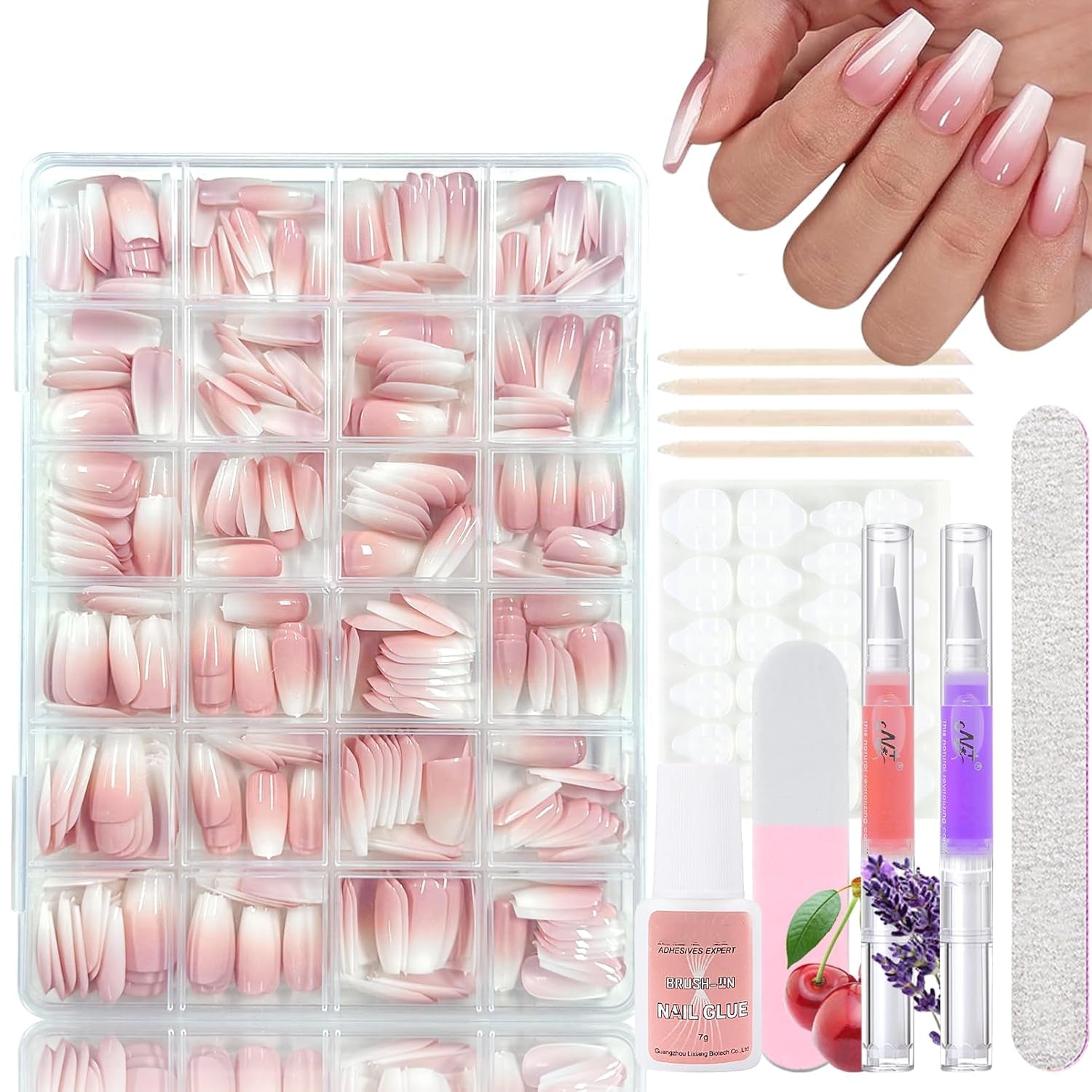 360st Gradient Ballerina False Nails Set, Rosa Vit Gradient Limmade konstgjorda naglar med 2st Nail Oil Pens, Ombre Medium Fake Nails for Women DIY