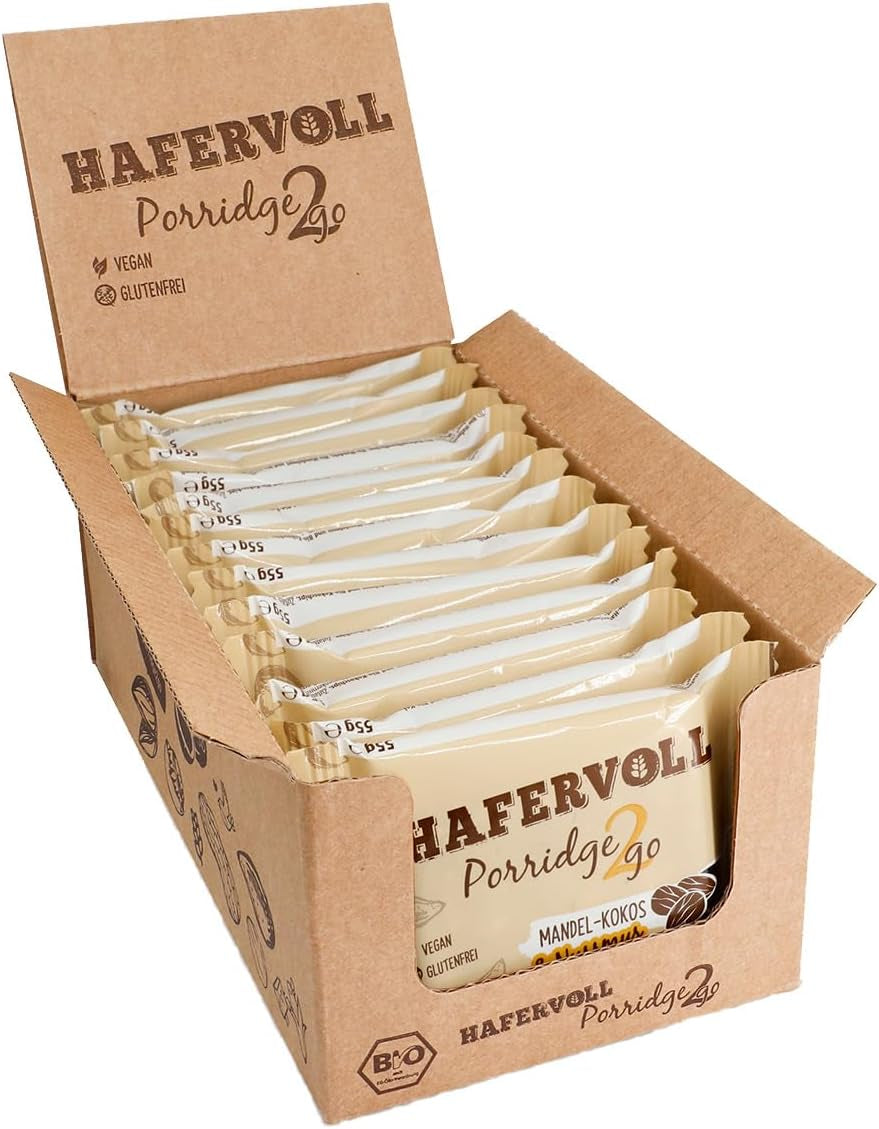 Hafervoll Porridge2go jordnötssmör och nötter, 13 barer x 55 g - vegansk, ekologisk, glutenfri, utan tillsatt socker mellanmål, med havre, dadlar och quinoagodis