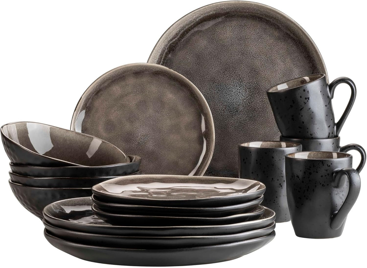MÄSER 934073 Niara Organic Series Modern 4-personers servisset med spännande vintagelook, 16-delad kombinationsservice med en speciell svart och brun glasyrkombination, stengods