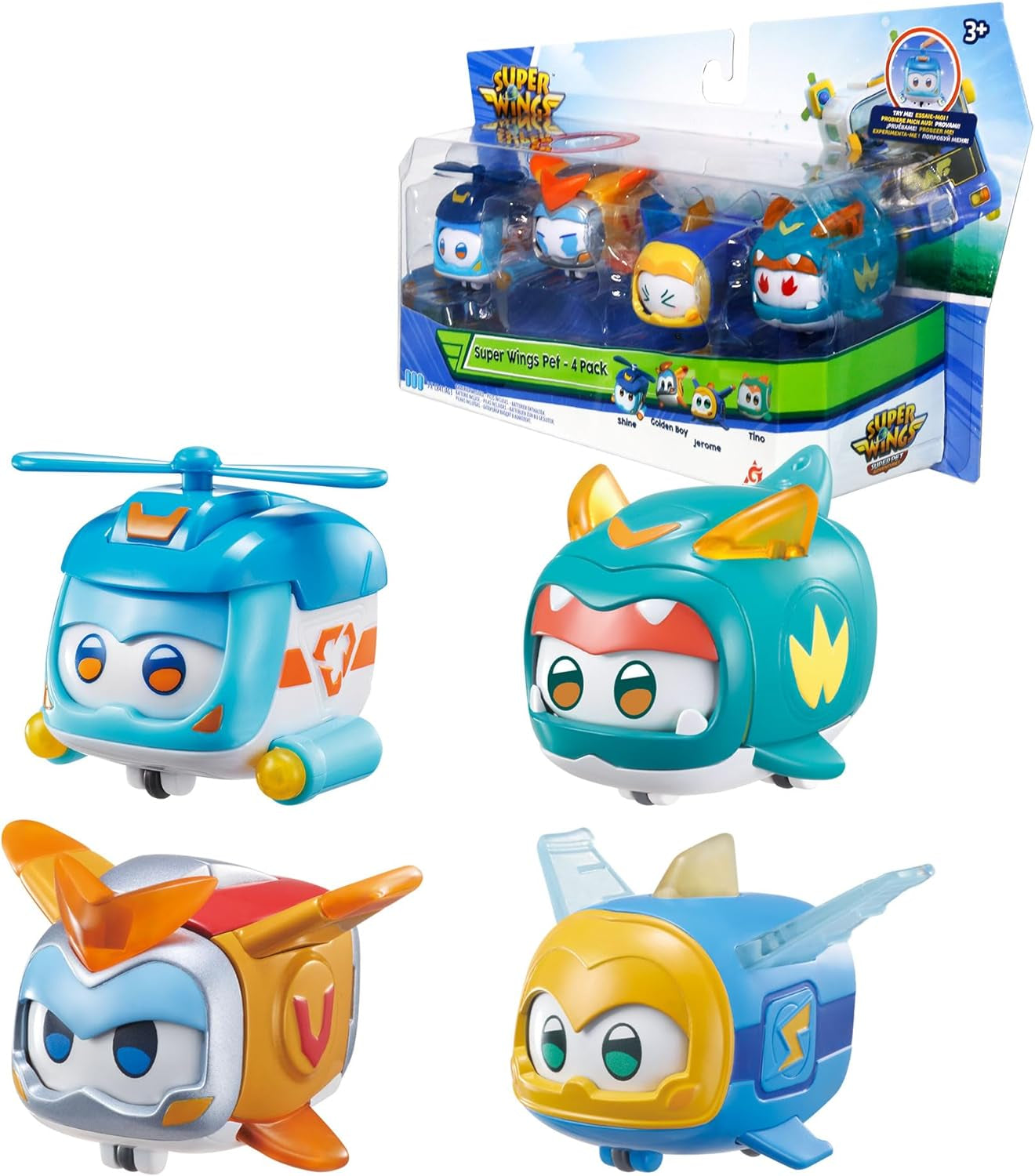 Super Wings Super Pets 4 ST Shine, Golden Boy, Jerome, Ellie Switchable Ansiktsuttryck Blixteffekt Bärbar leksak för 3 4 5 6 7 8 Years Old Boy Girl 2 Inch Actionfigurer Naty Shop 4 Pack B