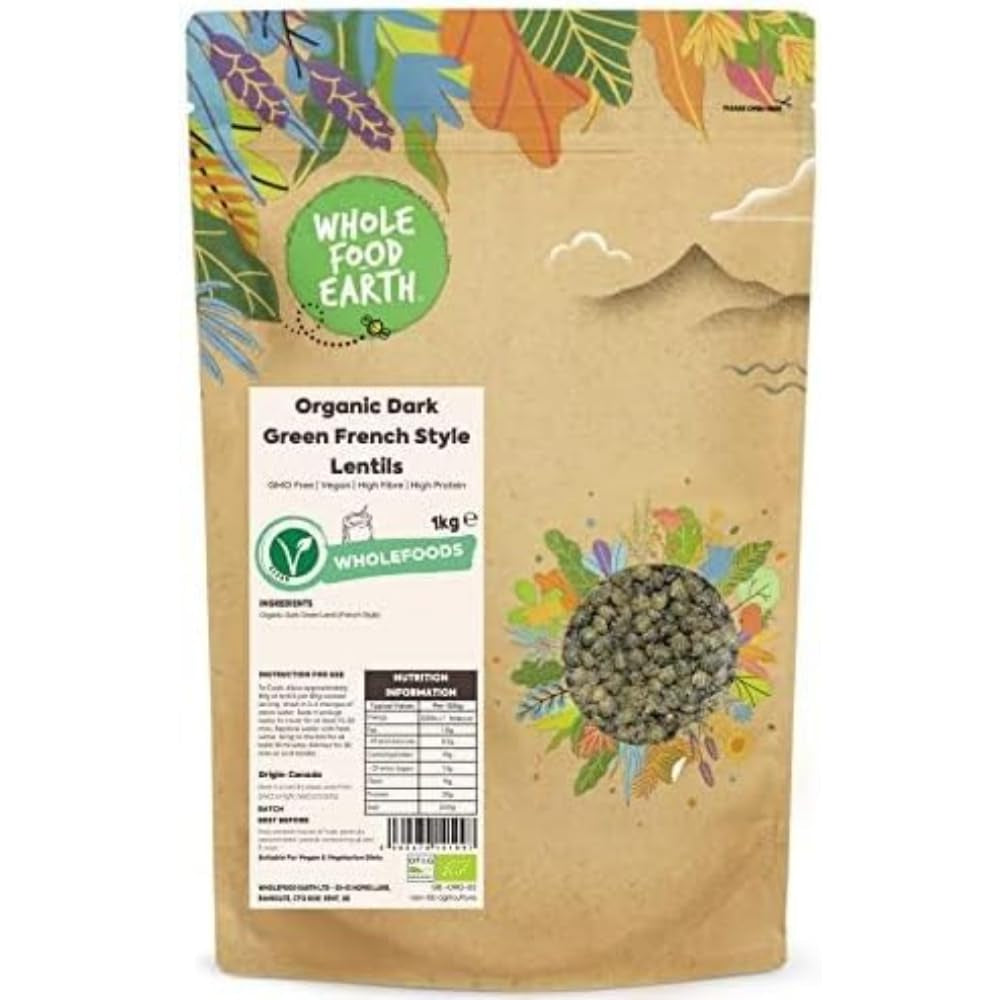Wholefood Earth Ekologisk fransk stil Mörkgröna linser 1 kg icke-GMO | Vegan | Rik på fibrer | Rik på protein | Certifierad ekologisk