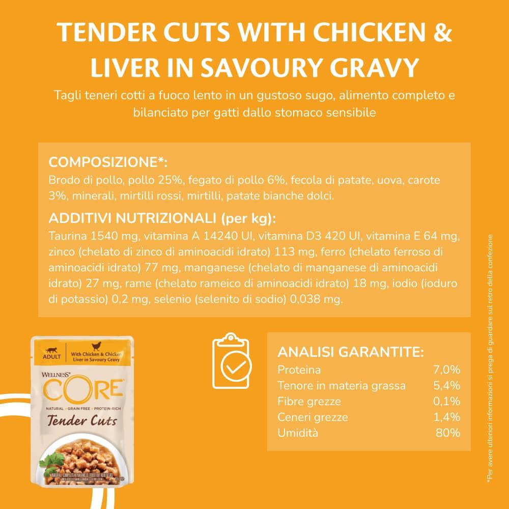 Wellness CORE Tender Cuts 6 x 85g, Kyckling Selection Mix - Våtfoder för katter, möra bitar i sås, spannmålsfria, naturliga, hypoallergena, rik på protein, hög kötthalt