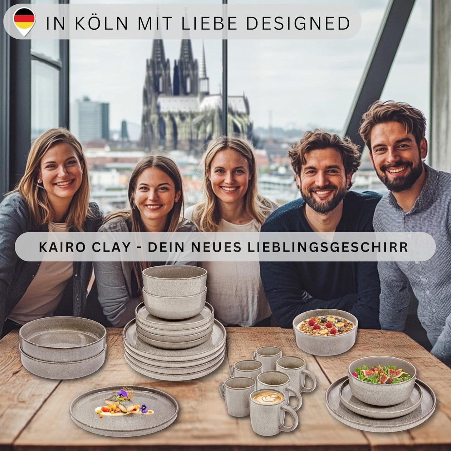 SÄNGER Cairo Clay | 24 delars servisset, servisset i stengods för 6, 6 tallrikar, 6 desserttallrikar, 6 pastaskålar, 6 serveringsskålar, grå servisset | VÄRDESAMLING