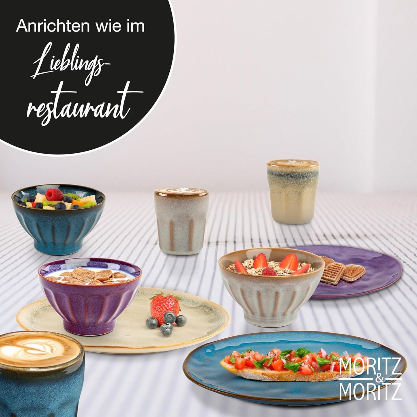 Moritz & Moritz COPA 16-tlg Geschirrset 4 Personen - Elegantes Teller Set från hohrstandigem Steinzeug - Geschirr Set 4 Personen från je 4x Dinnerteller, Dessertteller, Müslischale & Kaffeebecher