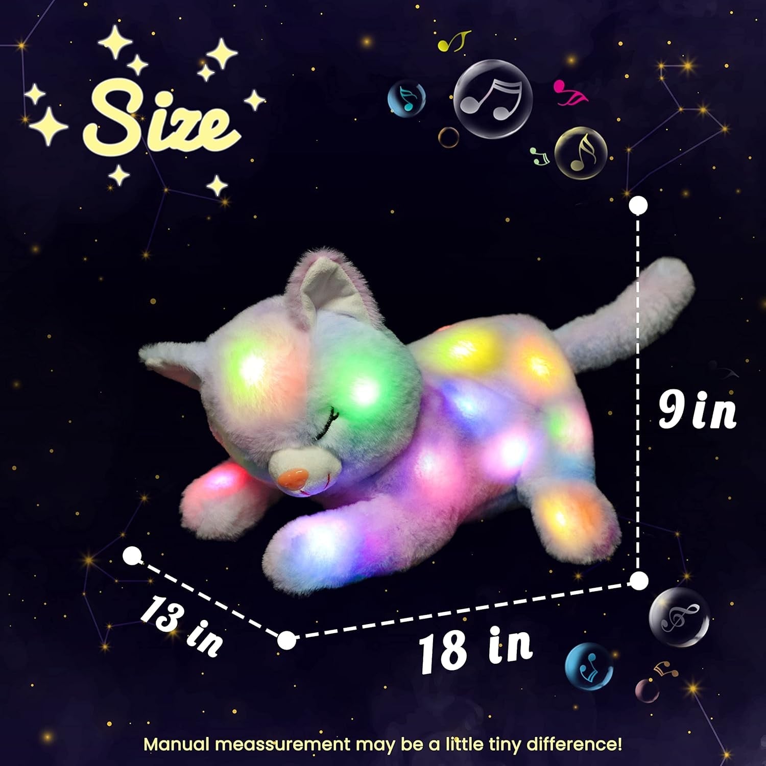 LED musikalisk plyschkatt, lätt sjungande leksak, kattmamma med 3 kattungar i magen, animerad vaggvisa, lugnande leksak för mödrar, barn, små flickor, regnbåge, 45 cm