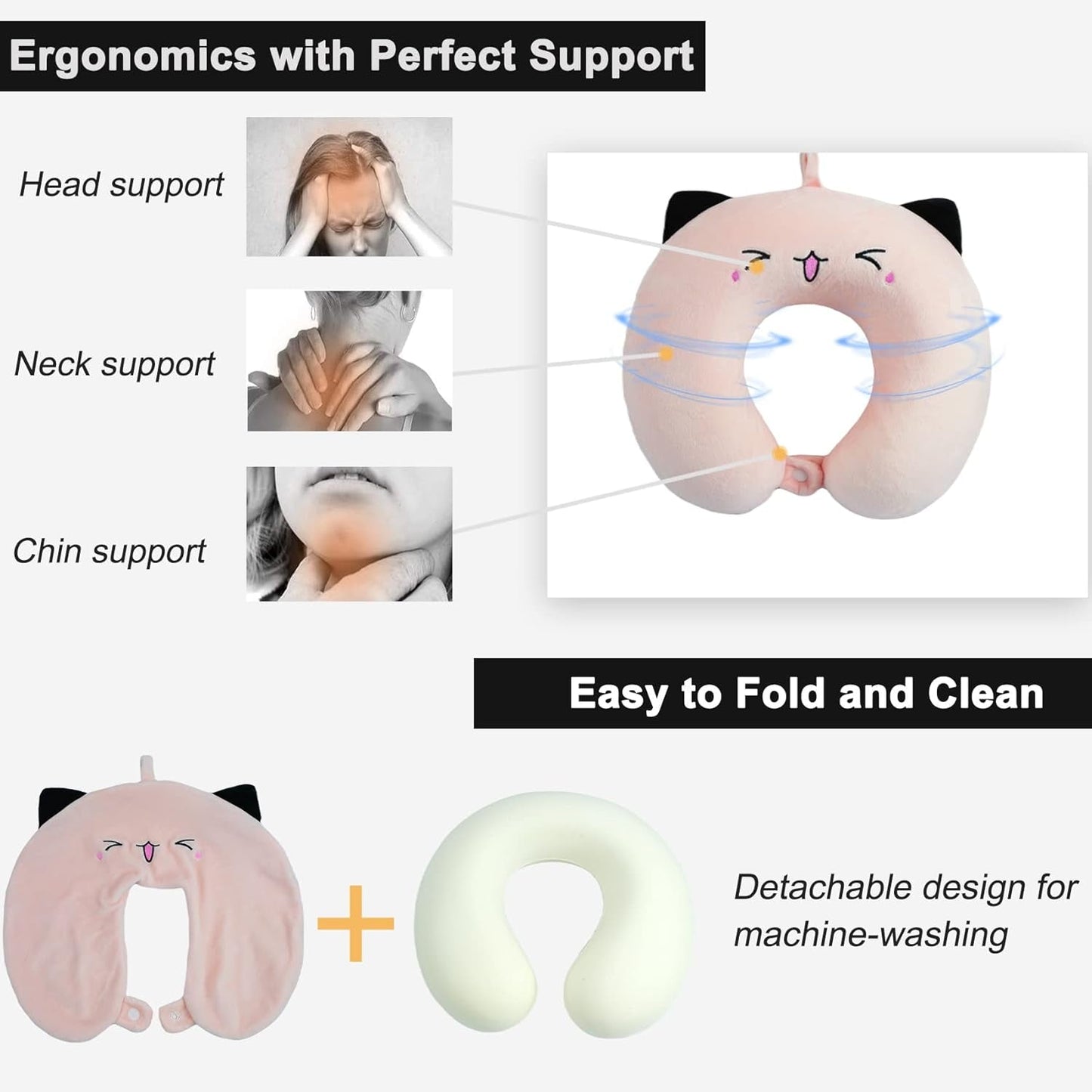 Nackkudde Barn Nackkudde för Flygplan Bil Tåg Resor Vuxen Memory Foam Resekudde Söt djurmönster U-form Kudde Avtagbart överdrag (Pink2) Cervikala ortopediska kuddar Naty Shop