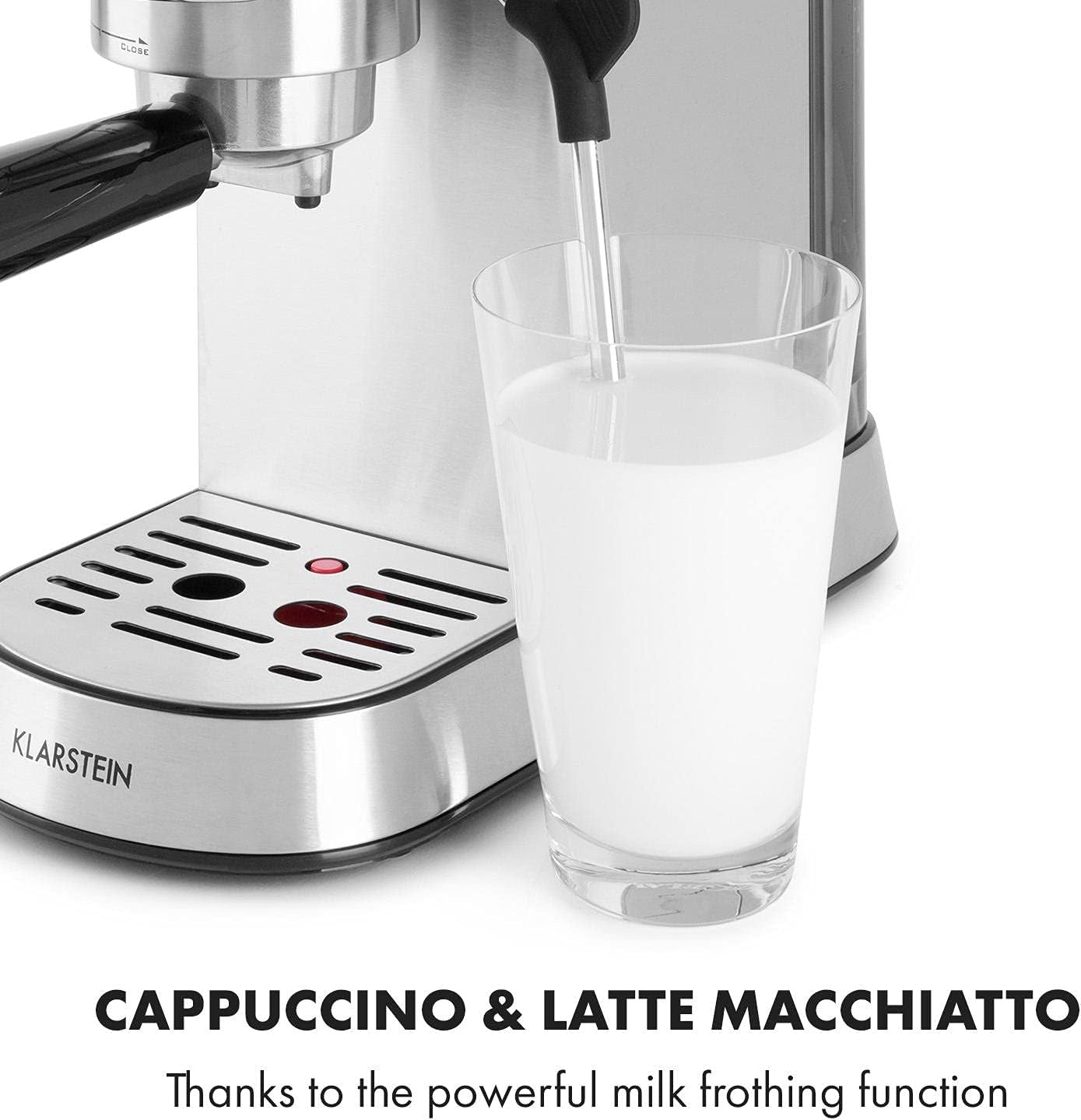 Klarstein Futura Espressomaskin, Portable Filter Espresso Machine, 1450 W, 20 bar, Barista Quality, Dubbelmunstycke, Flow Stop, Portable Filter Espresso Machine, Mjölkskummare Funktion, Silver