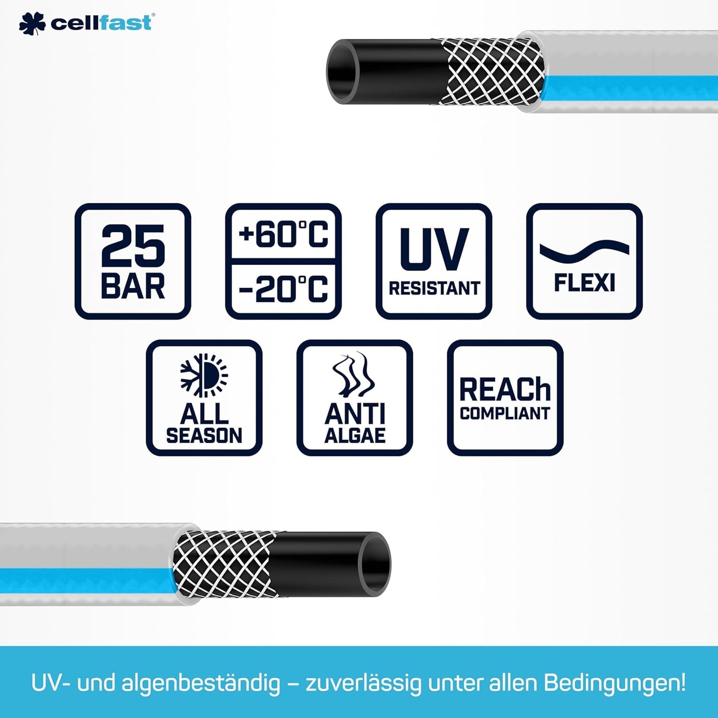 CELLFAST trädgårdsslang, 3-lagers trädgårdsvattenslang, slitstark trådförstärkt, flexibel bevattningsslang, UV-beständig, anti-alger, 3,4 tum, 20 meter längd
