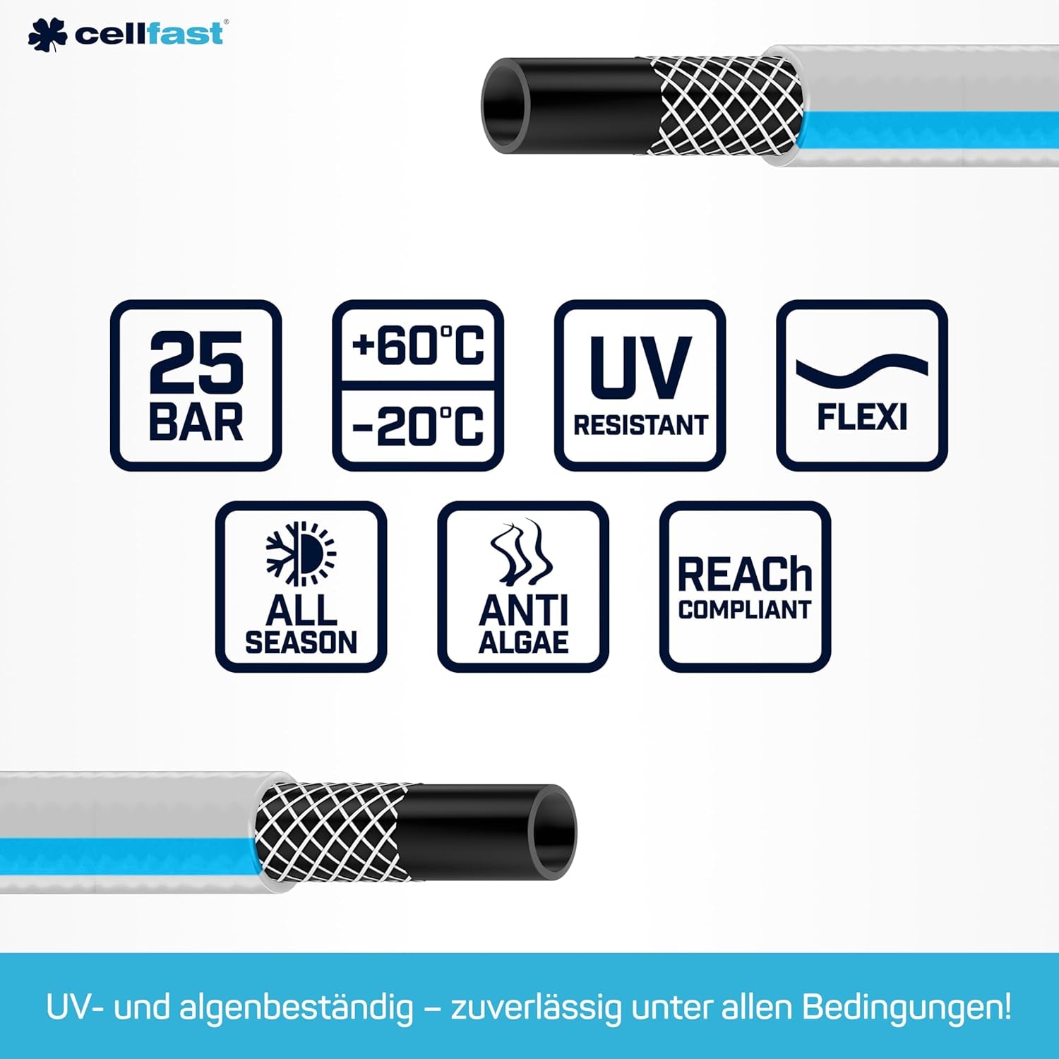 CELLFAST trädgårdsslang, 3-lagers trädgårdsvattenslang, slitstark trådförstärkt, flexibel bevattningsslang, UV-beständig, anti-alger, 3,4 tum, 20 meter längd