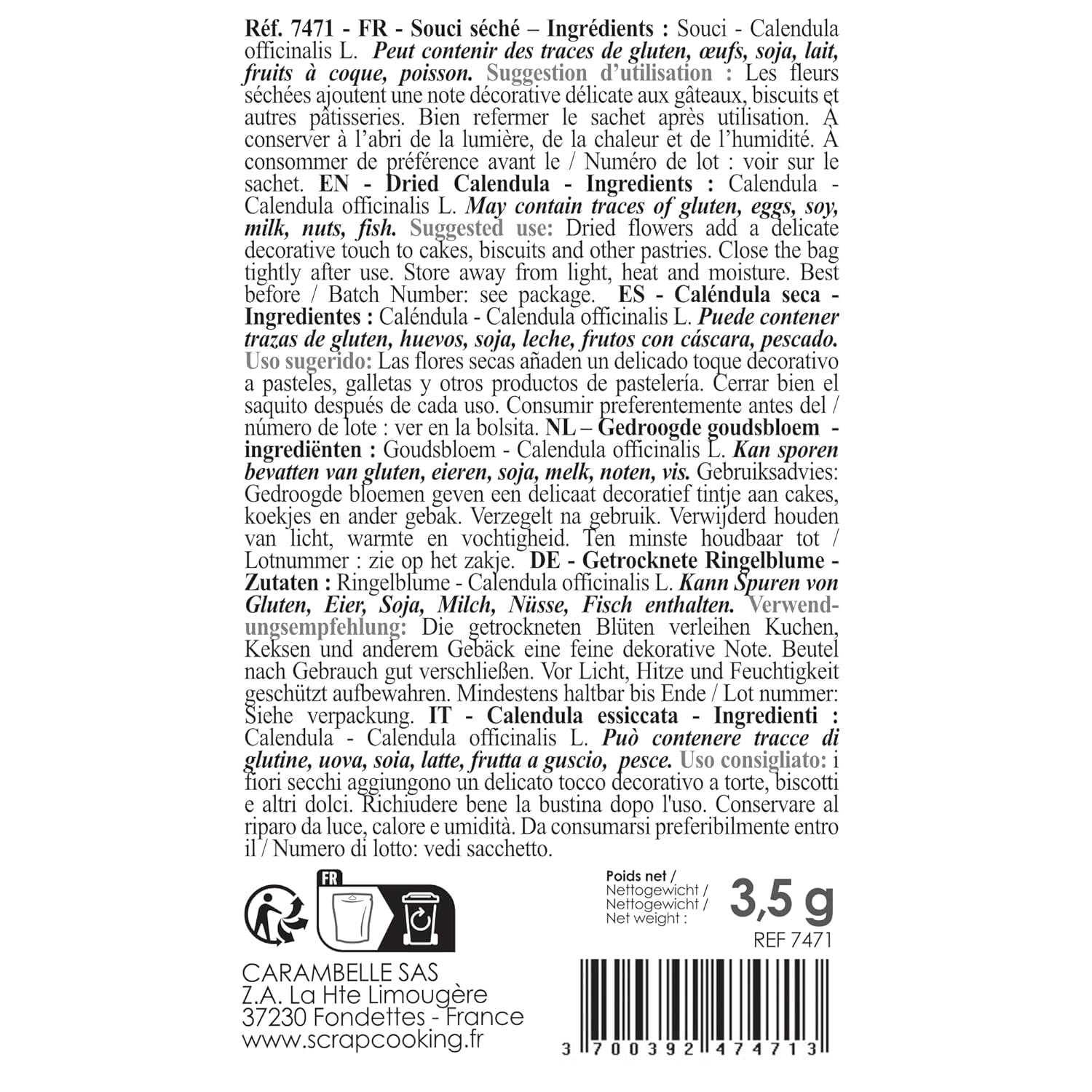 ScrapCooking - Torkade ringblommor 3,5 g - Ätliga blommor - Matdekorationer för bakning - För efterrätter, kakor, tårtor, muffins - Jul, vår, födelsedag - Gyllene gul - 7471