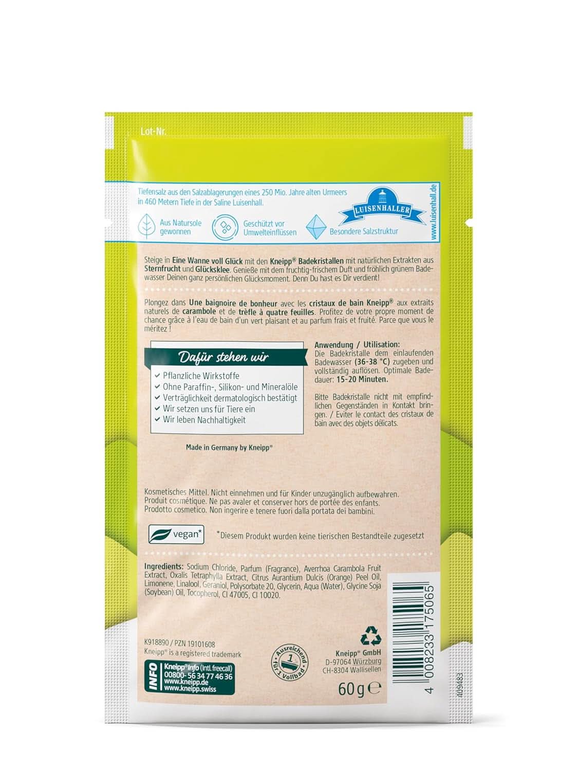 Kneipp, badkristaller, med naturliga extrakt av stjärnfrukt och lycklöver, med en hög andel Luisenhaller salt, 60 gram Dusch och bad Naty Shop