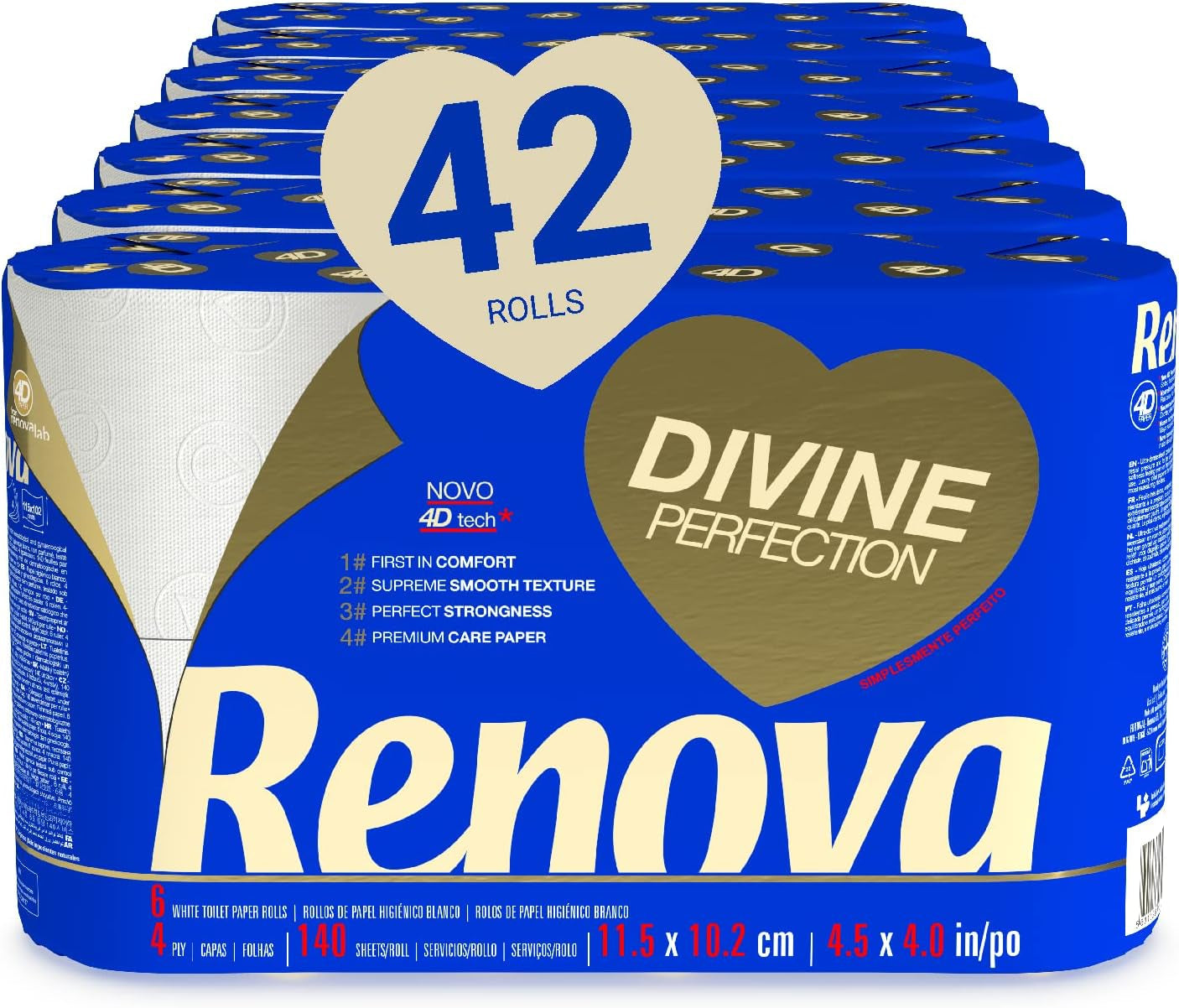 Renova Renova Divine Perfection Toalettpapper, 42 rullar, Premium Toalettpapper, 4 Ply, Ultra Mjukt, Extra Styrka, Tjockt, Mjukt och Absorberande, Fsc-certifierat papper, 4400G
