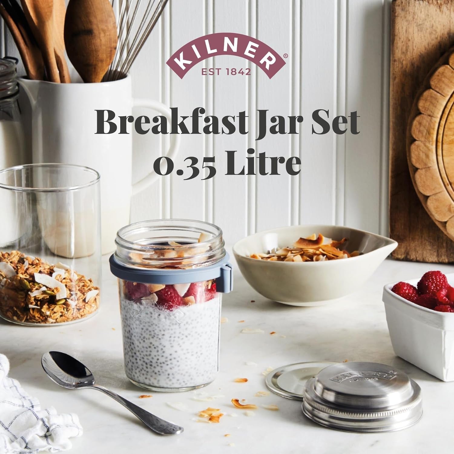 Kilner frukostburk med sked / 350 ml, Ø 9,5 cm / 5 st | takeaway müslikopp / giftfri / glasbehållare med lock för müsli, gröt och yoghurt / havrebehållare över natten Naty Shop Matförvaringslådor