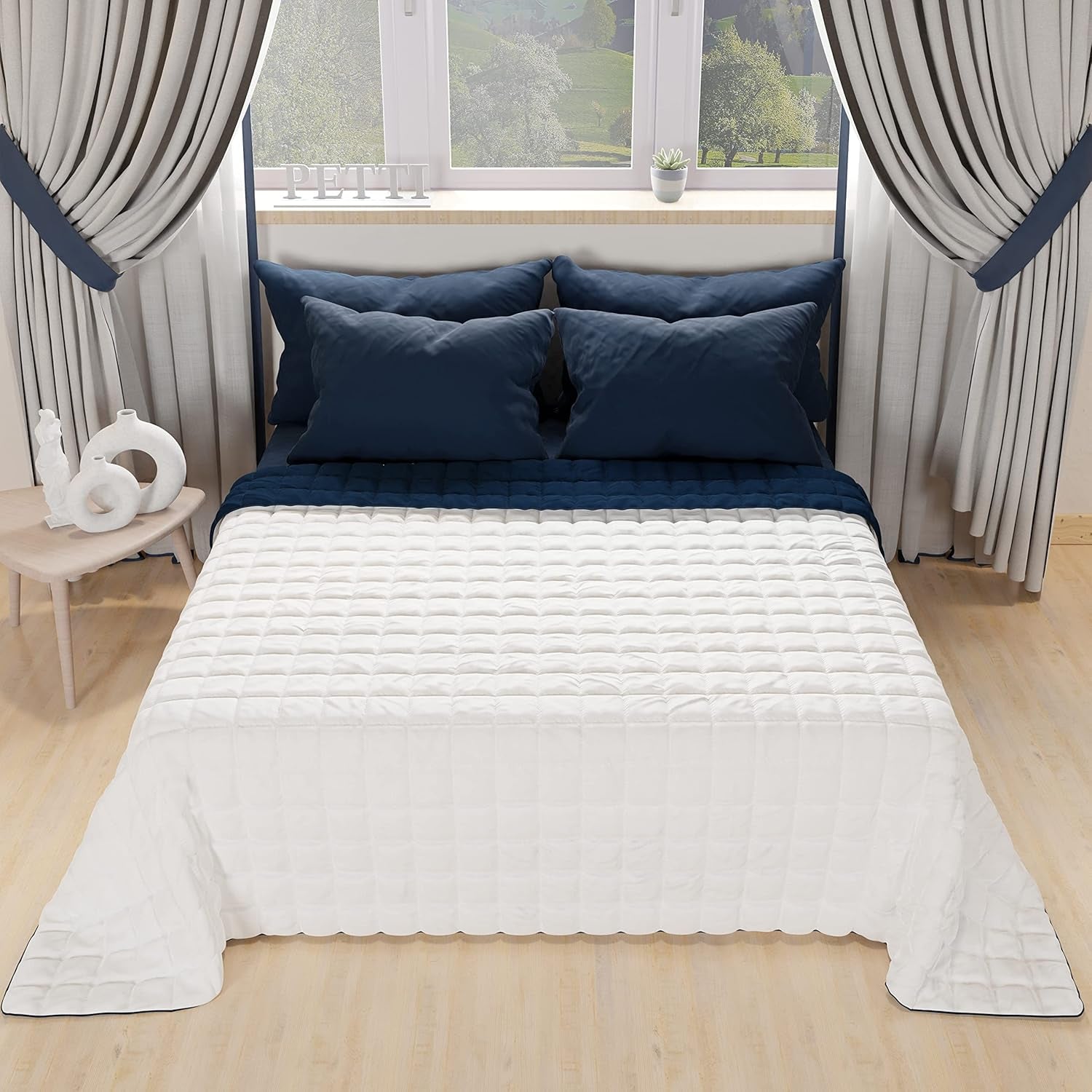 PETTI Artigiani Italiani - Enkelsängstäcke, dubbelsidigt täcke, vårtäcke, midnattsblått, vitt, 100% Made in Italy Täcken och täcken Naty Shop