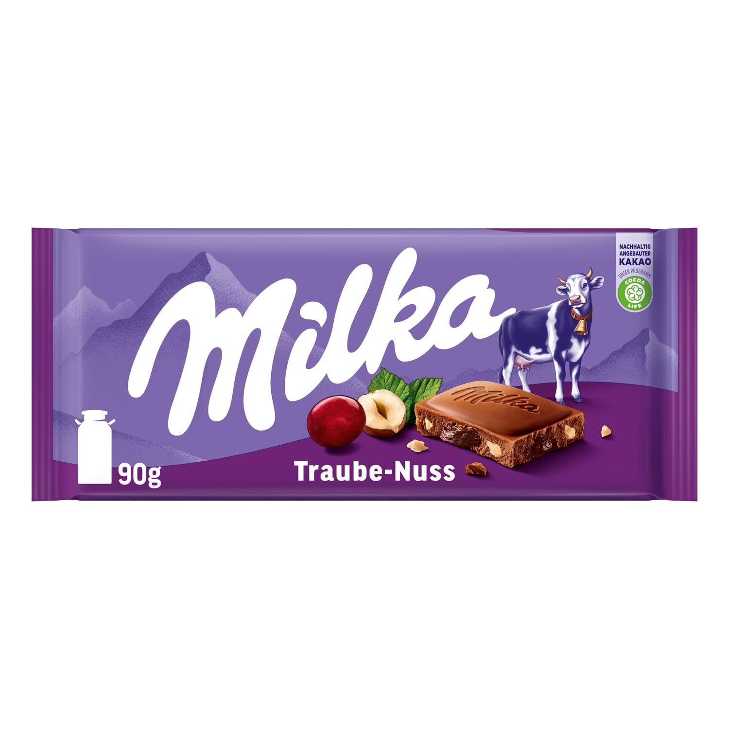 Milka druvor och hasselnötter – alpin mjölkchoklad med bitar av hasselnötter och russin – 90g