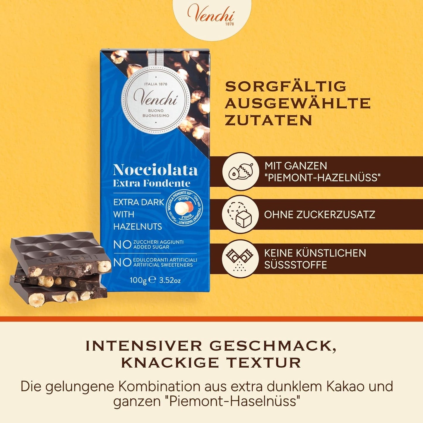 Venchi - Paket med 6 mörka chokladkakor med hasselnötter, 600g - Inget tillsatt socker - Inga konstgjorda sötningsmedel - Glutenfri - Vegansk - Presentidé